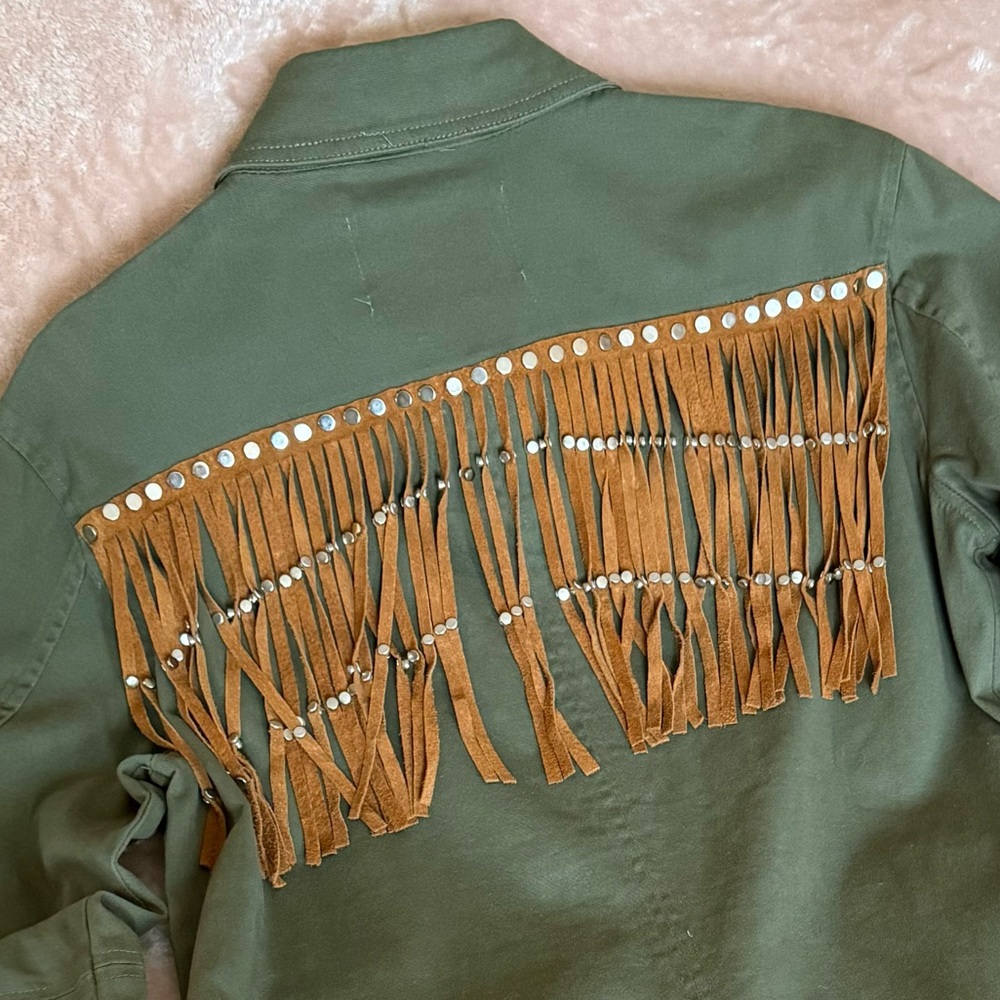 EUC Zara ZW Collection Military Studded Jacket with Fringe Khaki - Size S - Picture 9 of 10